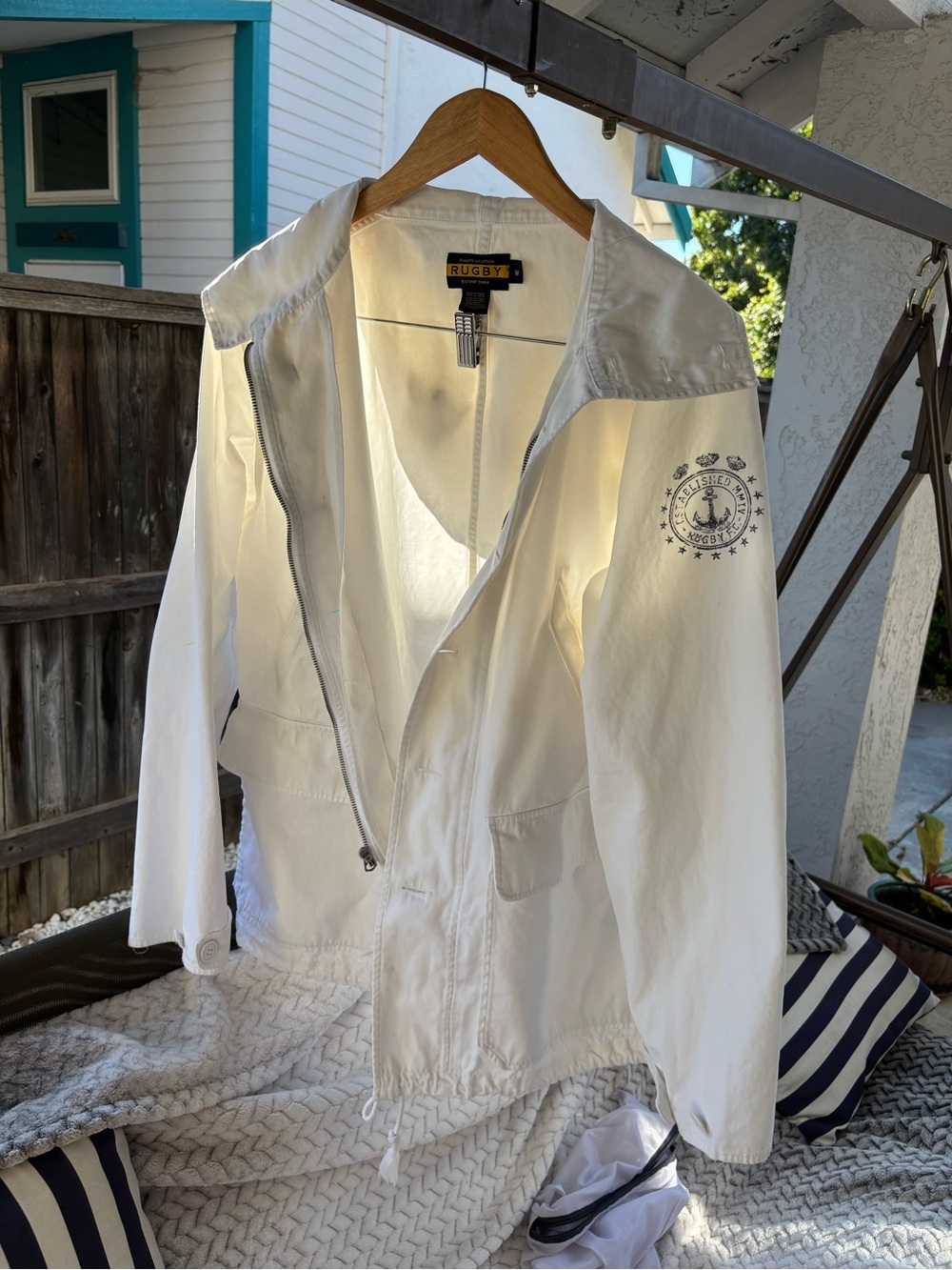 Rugby Ralph Lauren White Hooded Windbreaker Naval  Jacket